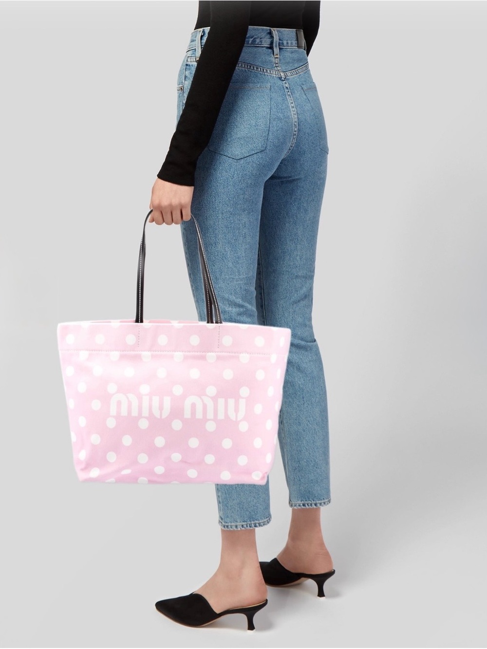 Miu Miu Pink Polka Dot Canvas Tote with Contrasting Handles